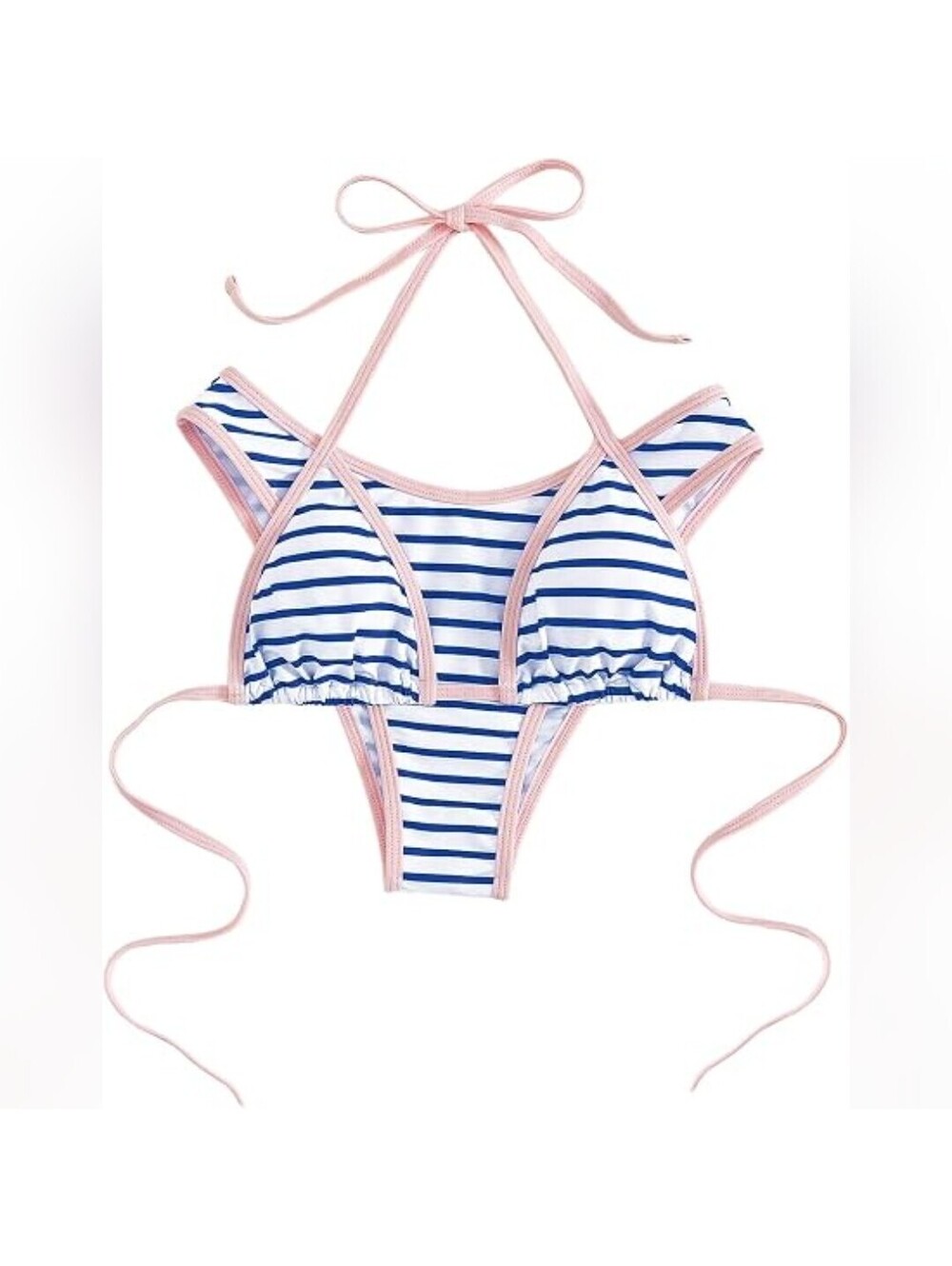 NWT RoseSeek Striped Halter Tie Back High Waisted Bikini Swimsuit, Striped, XS